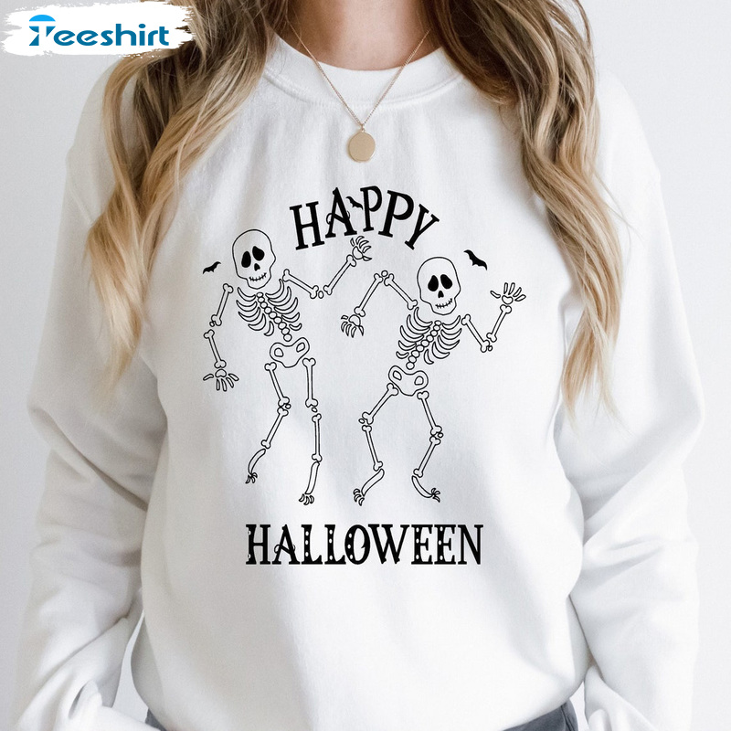 Skeleton Dancing Shirt, Halloween Funny Sweatshirt, Happy Halloween T-Shirts Trendy Casual