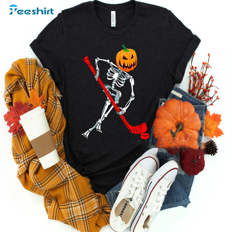 Skeleton Playing Hockey Shirt, Hockey Player Sweatshirt, Scary Pumpkin Classic Tee Tops Fashion Design