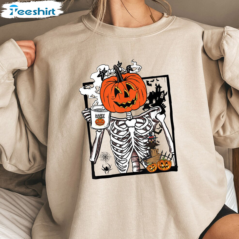 Pumpkin Skeleton Coffee Sweatshirt, Halloween Pumpkin And Bat Shirt, Funny Halloween Long Sleeve