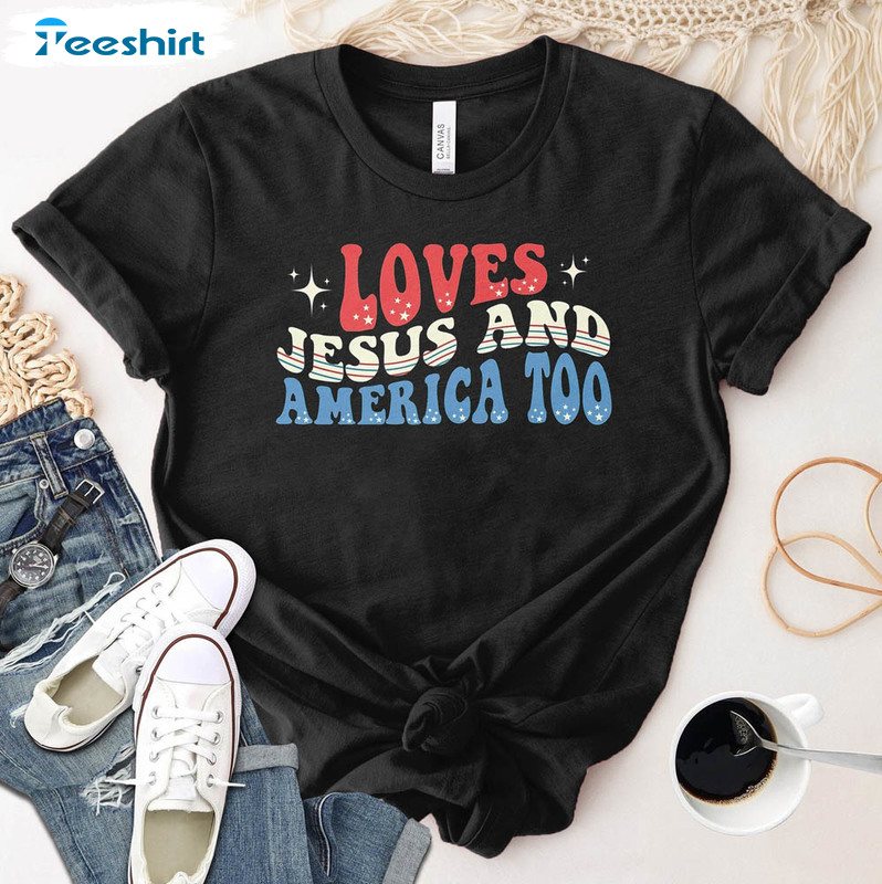 Vintage Loves Jesus And America Too Independence Day Shirt