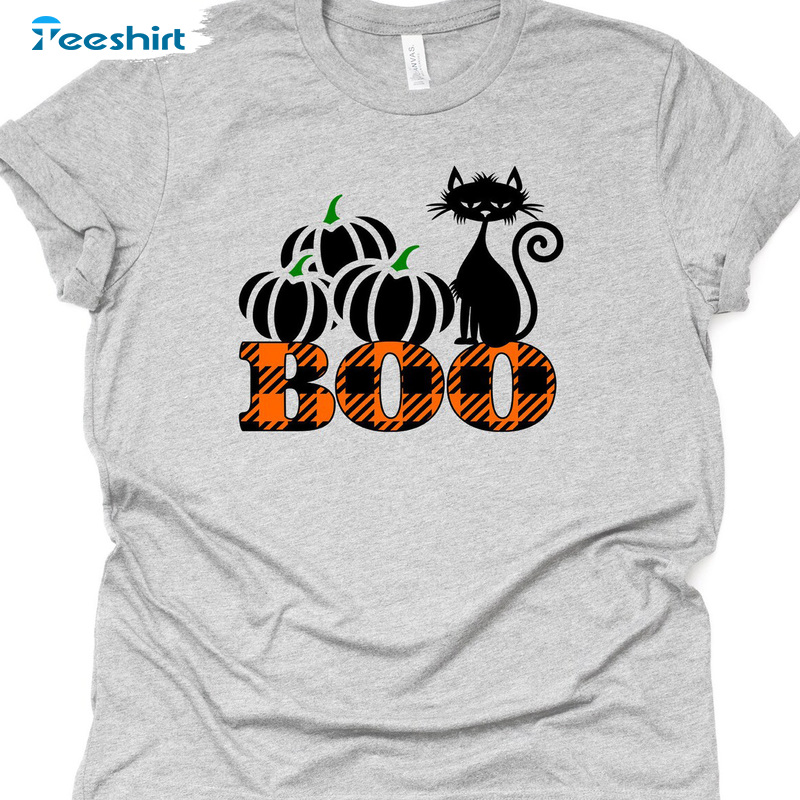 Black Cats Pumpkins Shirt, Plaid Boo Vintage Design For Halloween, Funny Cat Unisex Shirt