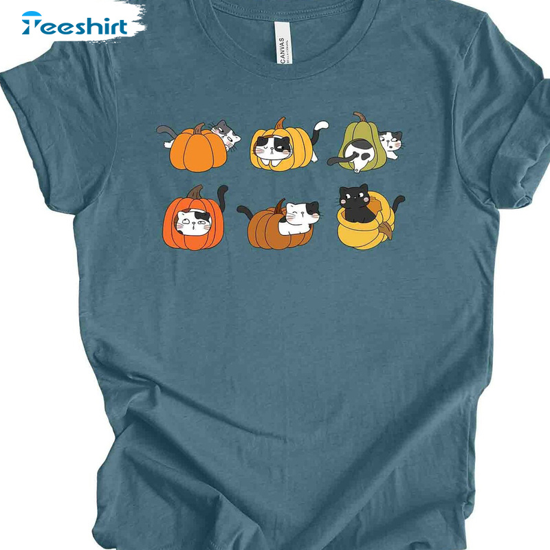 Super Cute Cats In Pumpkins Short Sleeve Shirt, Autumn Cats Design Premium Unisex Hoodie