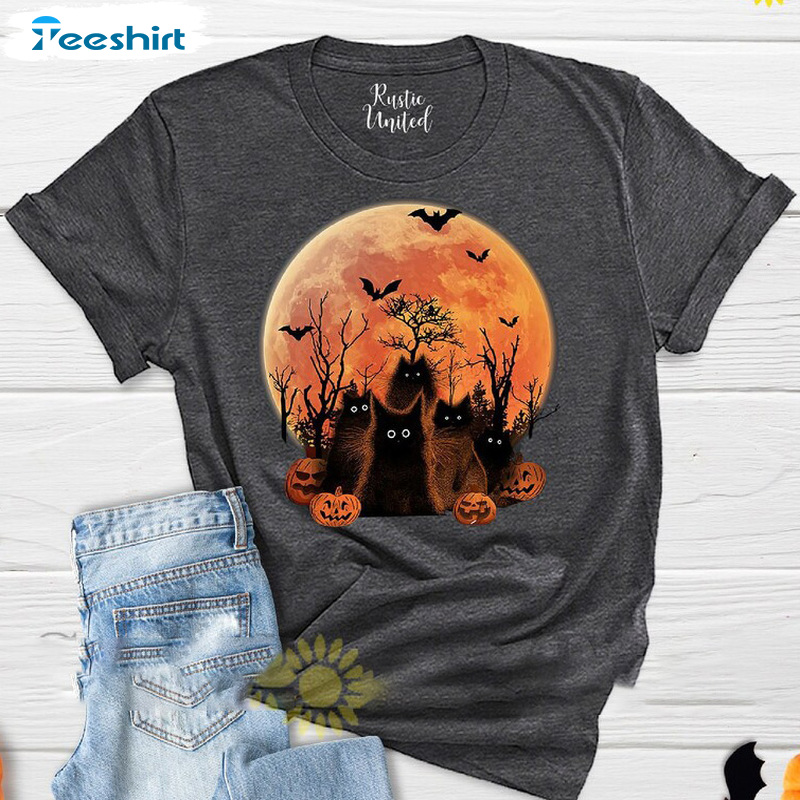 Halloween Black Cat Shirt, Cute Cat And Pumpkin Sweatshirt, Bat And Halloween Moon Trending Hoodie