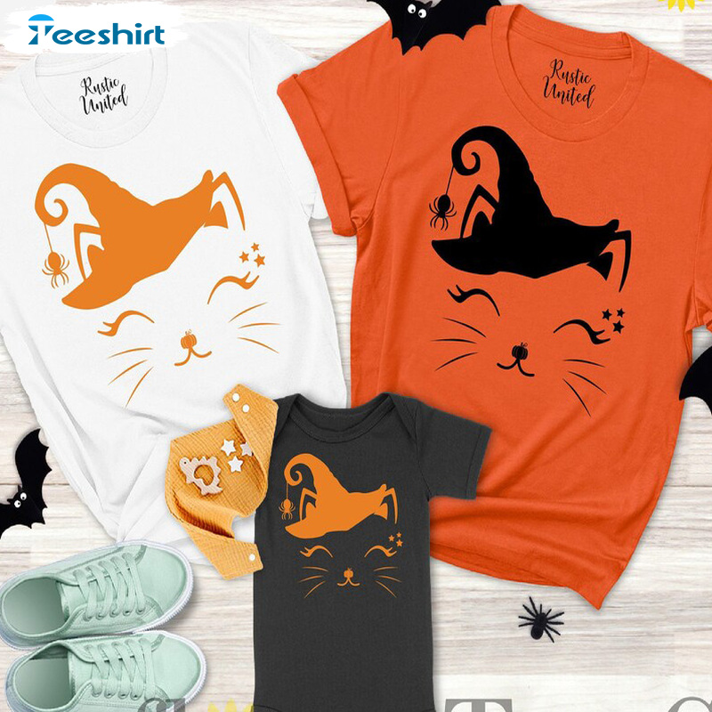 Halloween Cat Shirt For Kids, Funny Halloween Classic Tee Tops, Witch Hat And Bat Graphic Unisex T-Shirt