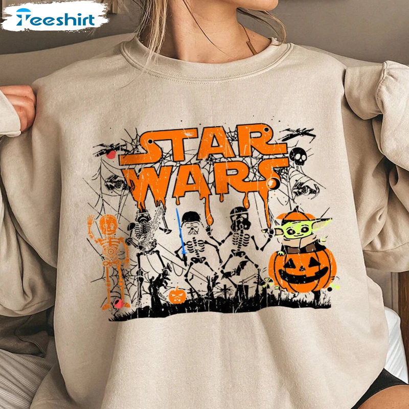 Star Wars Halloween Sweatshirt, Funny Skeleton And Pumpkin Long Sleeve, Star Wars Bat Classic Tee Tops