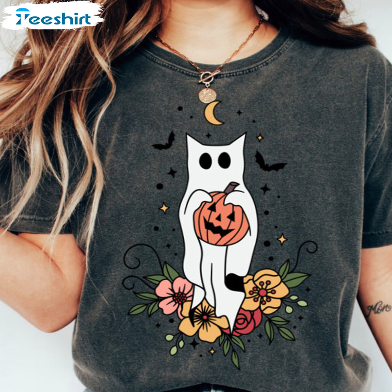 Ghost Cat Halloween Shirt, Pumpkin And Bat Sweatshirt, Fall Floral Vintage Design For Halloween