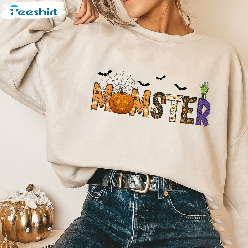 Halloween Momster Sweatshirt Gift For Mom, Halloween Pumpkin And Bat Shirt, Colorful Design Crewneck For Woman