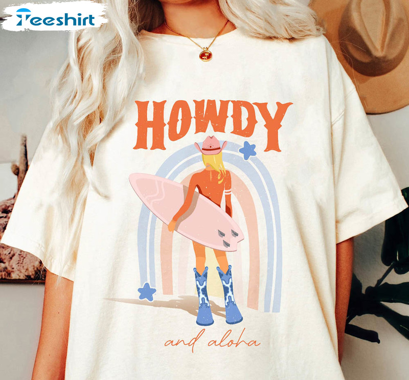 Howdy And Aloha Retro Shirt, Coastal Cowgirl Bachelorette Long Sleeve Sweater