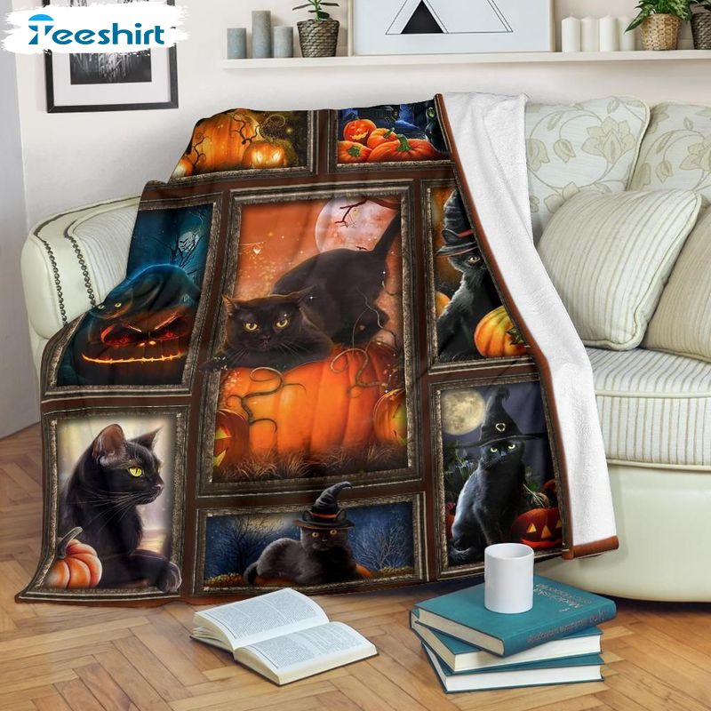 Cool Black Cat And Pumpkin Blanket, Halloween Moon Night Warm Cozy Fuzzy Throw Blanket For Bed And Couch