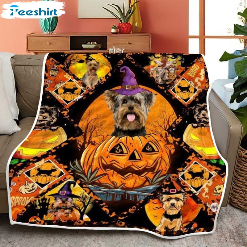 Yorkshire Terrier Dog Halloween Blanket, Witch Dog And Pumpkin Blanket Throw Comfort Warmth Soft Cozy 60"x80"
