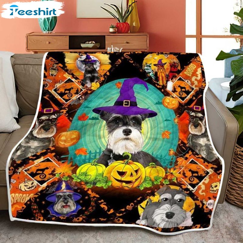 Schnauzer Halloween Dog Fleece Blanket, Cute Witch Dog And Pumpkin Cozy Sherpa Plush Blanket For Bed Couch Sofa