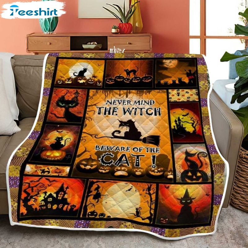 Cat Witch Happy Halloween Blanket, Witch Beware Of The Cat Lightweight Fuzzy Cozy Warm Throw Blanket 50''x60''