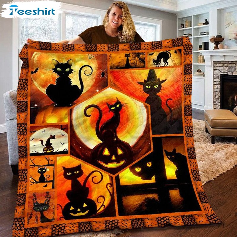 Cool Black Cat Halloween Blanket, Halloween Pumpkin And Bat Blanket Gifts For Kids And Adults, Used For Sofa Bed Travel Camping
