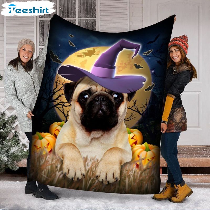 Cute Dog Witch Blanket, Halloween Pumpkin And Bat Moon Super Soft Cozy Warm Blanket For Couch Chair Bed Sofa Office