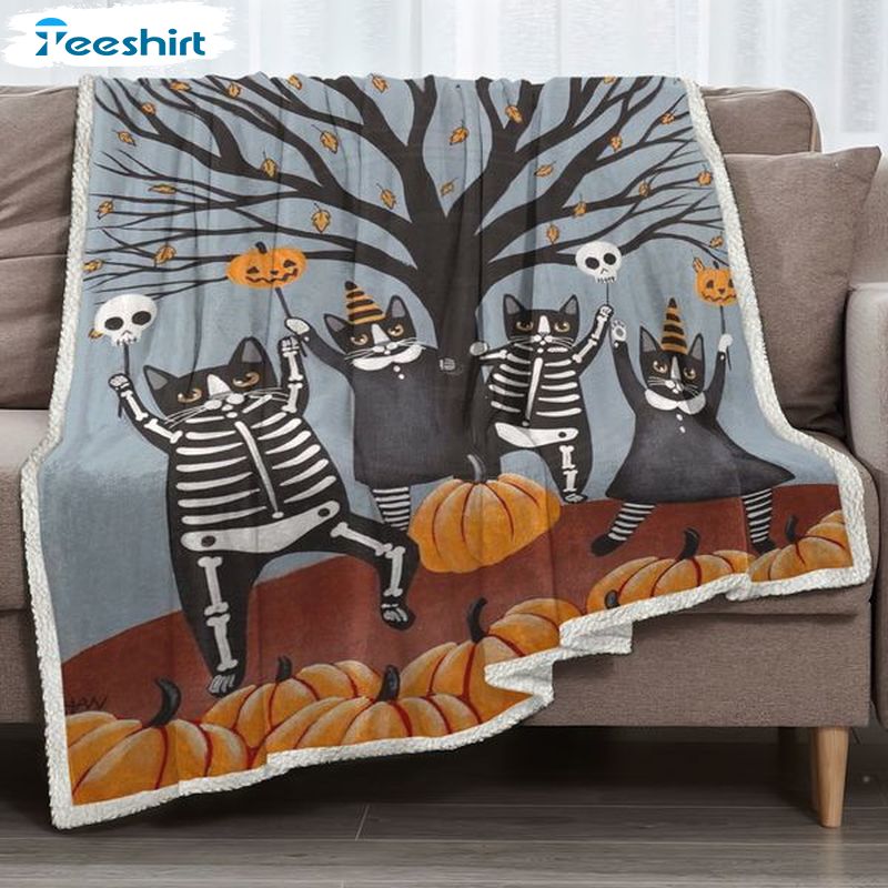 Funny Skeleton Black Cat Blanket, Halloween Pumpkin And Skull Microfiber Plush Blanket Gifts For Men Women