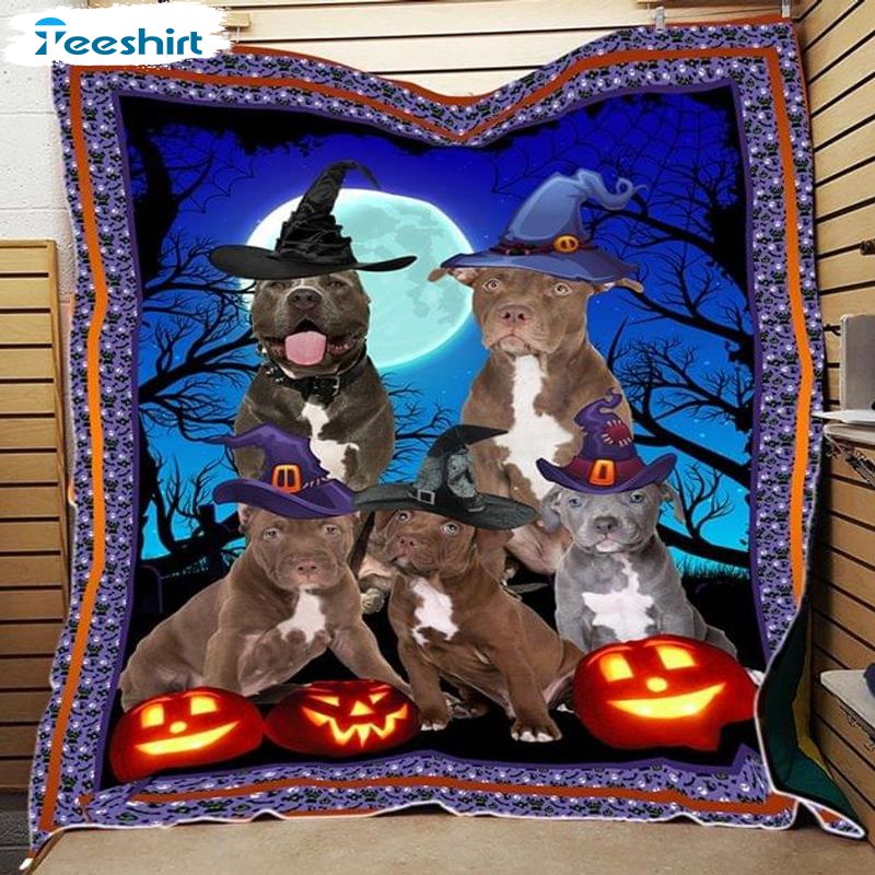 Pitbull Dog With Witch Hat Blanket, Halloween Night Pumpkin Blanket For Boys &Girls Gift Ideas 30x40 Inches