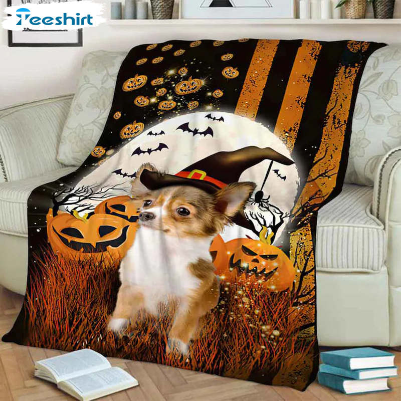 Dog Witch And Pumpkin Blanket, Halloween Flag Fuzzy Warm Throws For Winter Bedding 50''x60''