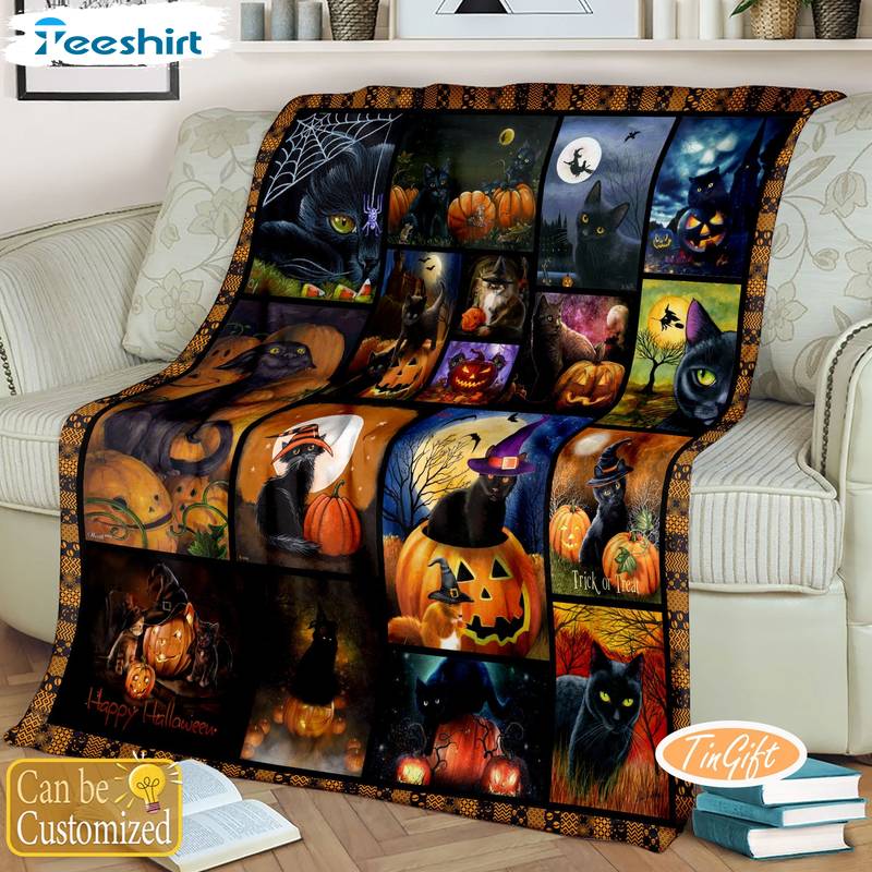 Black Cats And Pumpkin Blanket, Happy Halloween Fuzzy Warm Throws For Winter Bedding 50''x60''