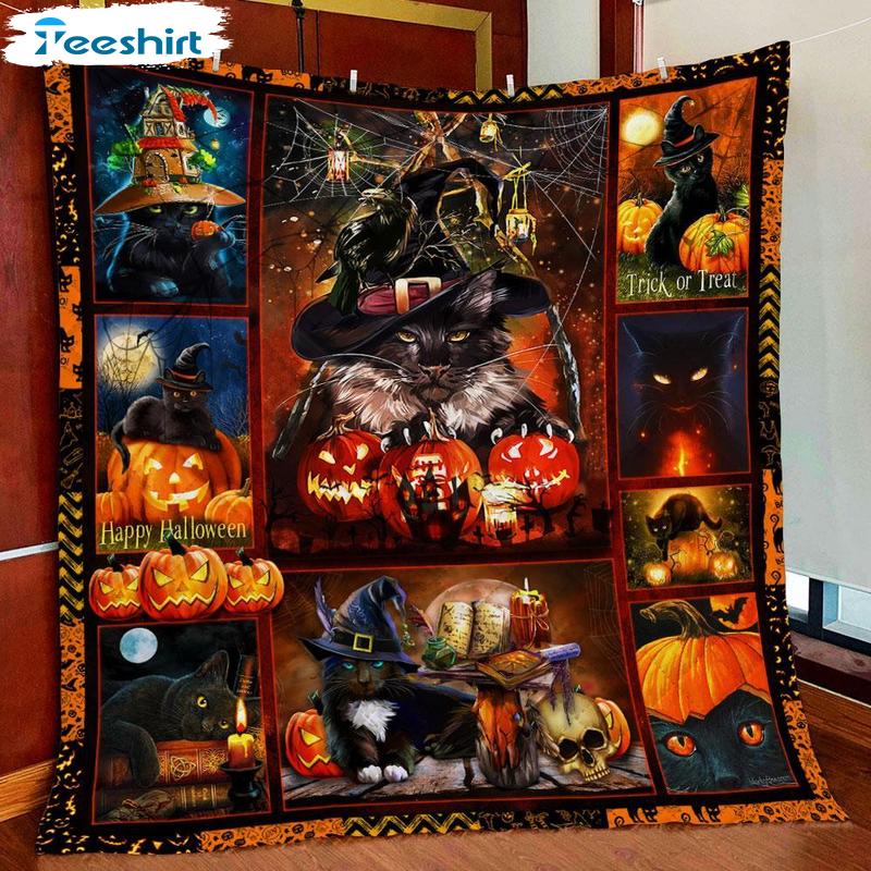 Black Cat Witch And Pumpkin Blanket, Halloween Trick Or Treat Cozy Sherpa Plush Blanket For Bed Couch Sofa