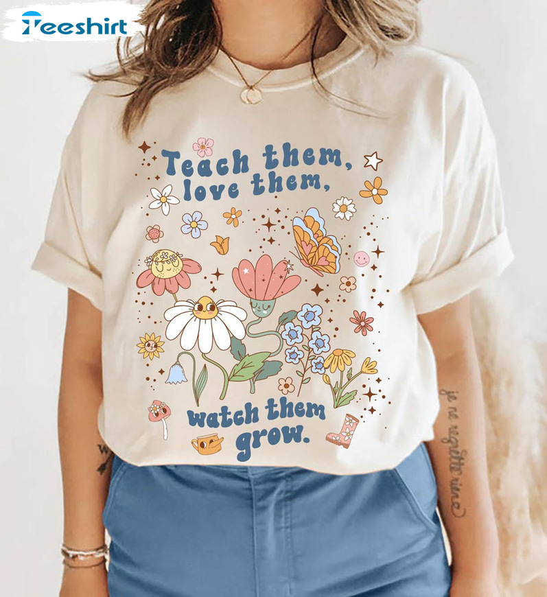 Teach Them Love Them Watch Them Grow Retro Shirt, Butterfly Teacher Short Sleeve Unisex T-shirt