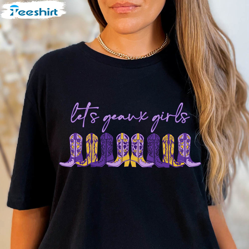 Let 's Geaux Girls Trendy Shirt, Geaux Tigers Crewneck Short Sleeve