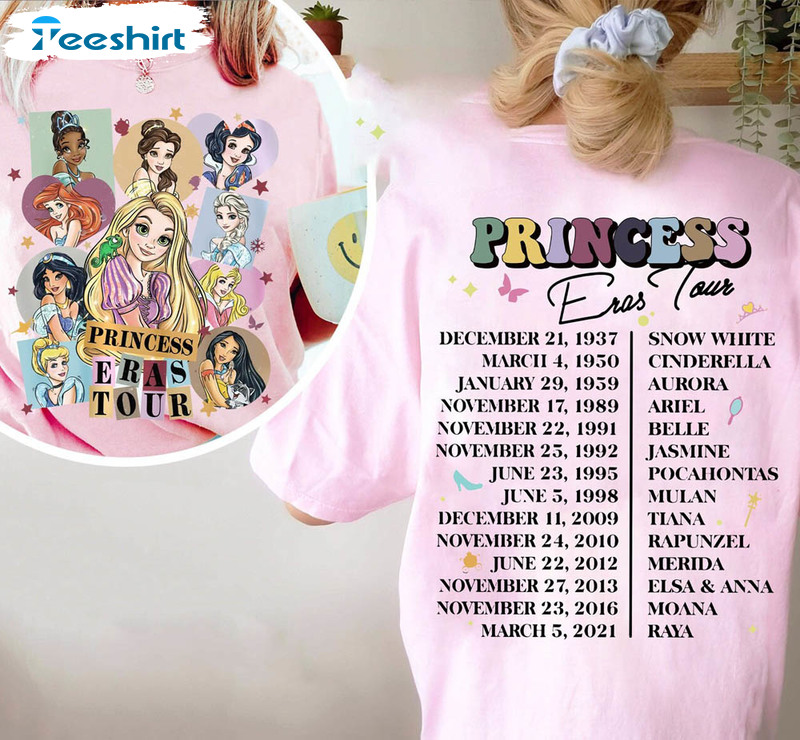 Princess Eras Tour Shirt, Disney Princess Cinderella Ariel Snow Long Sleeve Crewneck