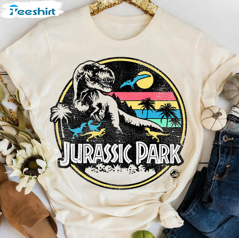 Jurassic Park Striped Retro Shirt, T Rex Jurassic Park Logo Disneyland Long Sleeve Unisex Hoodie