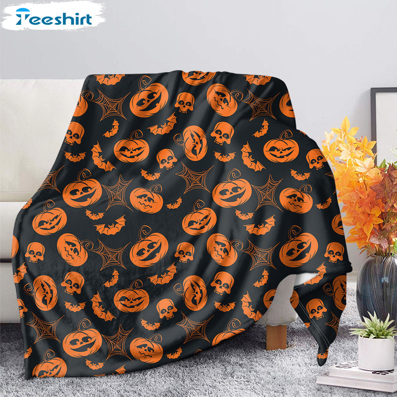 Pumpkin And Bat Blanket, Halloween Skull And Spiderweb Soft Micro Fleece Blanket For Bed Couch Living Room