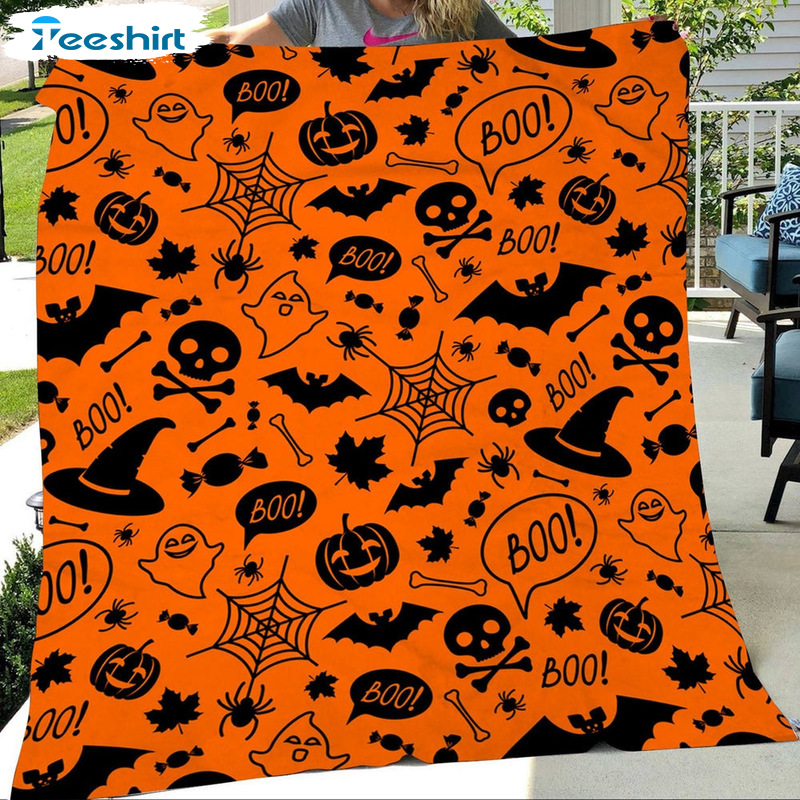 Candy Ghost Boo Halloween Blanket, Witch Hat And Bat Fuzzy Warm Throws For Winter Bedding 50''x60''
