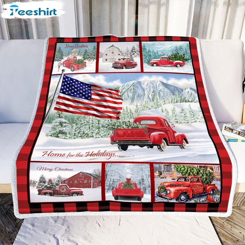 Red Truck Christmas Blanket, American Flag Blanket Throw Comfort Warmth Soft Cozy
