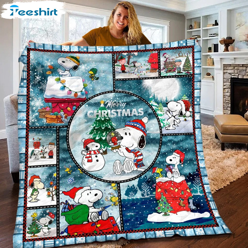 Snoopy And Snowman Blanket, Merry Christmas Cozy Sherpa Plush Blanket