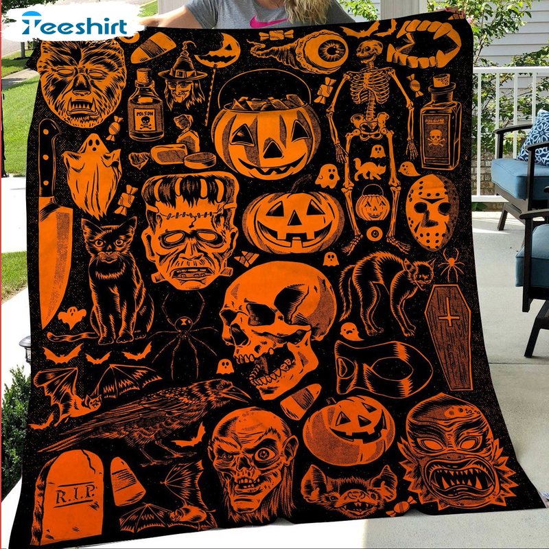Pumpkin And Skull Blanket, Halloween Witch Cat Cozy Sherpa Plush Blanket For Bed Couch Sofa
