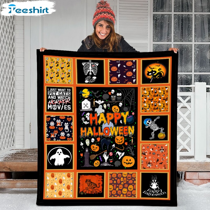 Pumpkin Cat Spider Fleece Blanket, Happy Halloween Soft Micro Fleece Blanket For Bed Couch Living Room