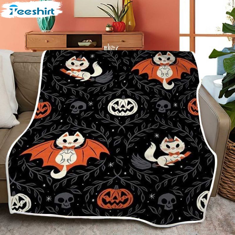 Bat Cat Halloween Pumpkin Blanket, Skull And Pumpkin Fuzzy Warm Throws For Winter Bedding 50''x60''