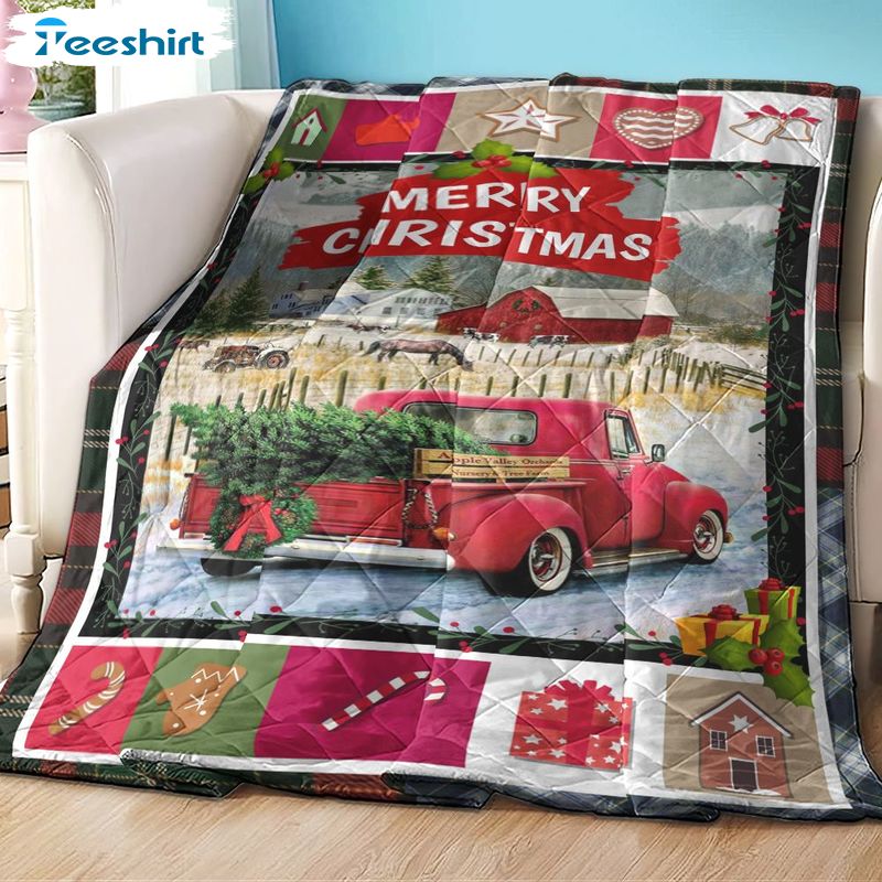 Country Life Red Truck Blanket, Merry Christmas Cozy Sherpa Plush Blanket For Bed Couch Sofa