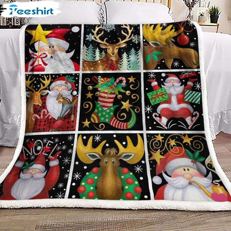 Santa Claus And Reindeer Blanket, Christmas Pattern Cozy Sherpa Plush Blanket For Bed Couch Sofa