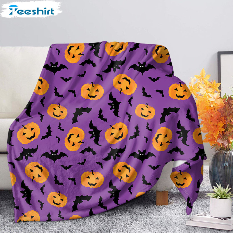 Funny Bat And Pumpkin Blanket, Halloween Pattern Purple Blanket Throw Comfort Warmth Soft Cozy 60"x80"