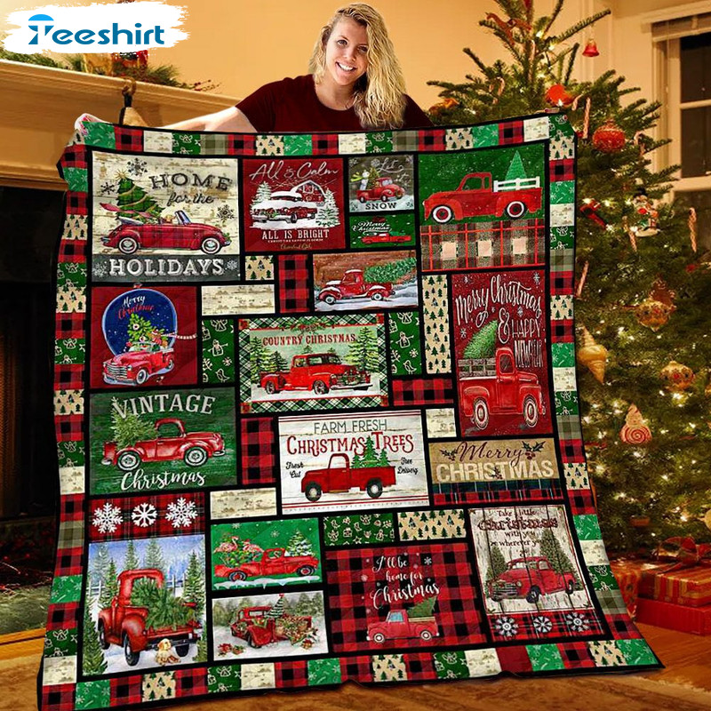 Red Truck Pattern Blanket, Christmas Holiday Warm Cozy Fuzzy Throw Blanket For Bed And Couch