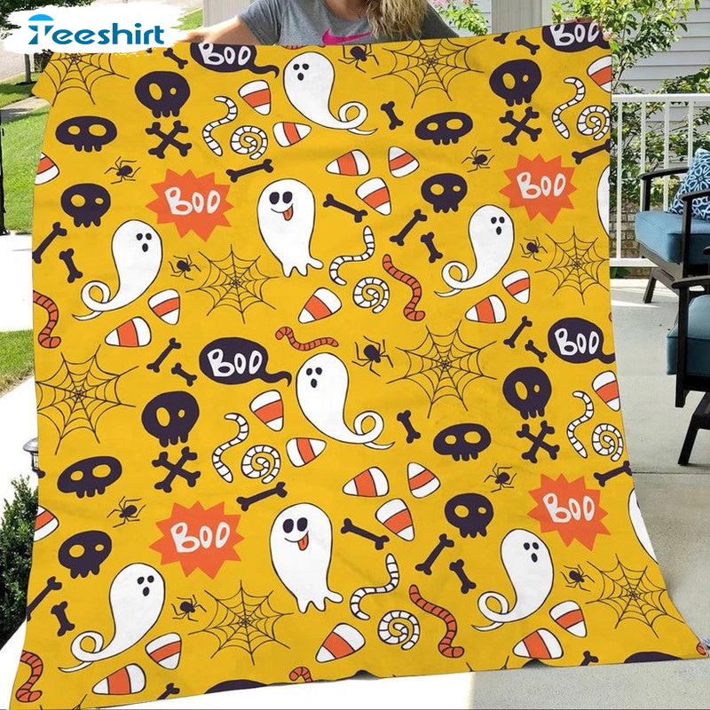 Ghost Boo Halloween Yellow Blanket, Funny Halloween Pattern Microfiber Plush Blanket Gifts For Men Women