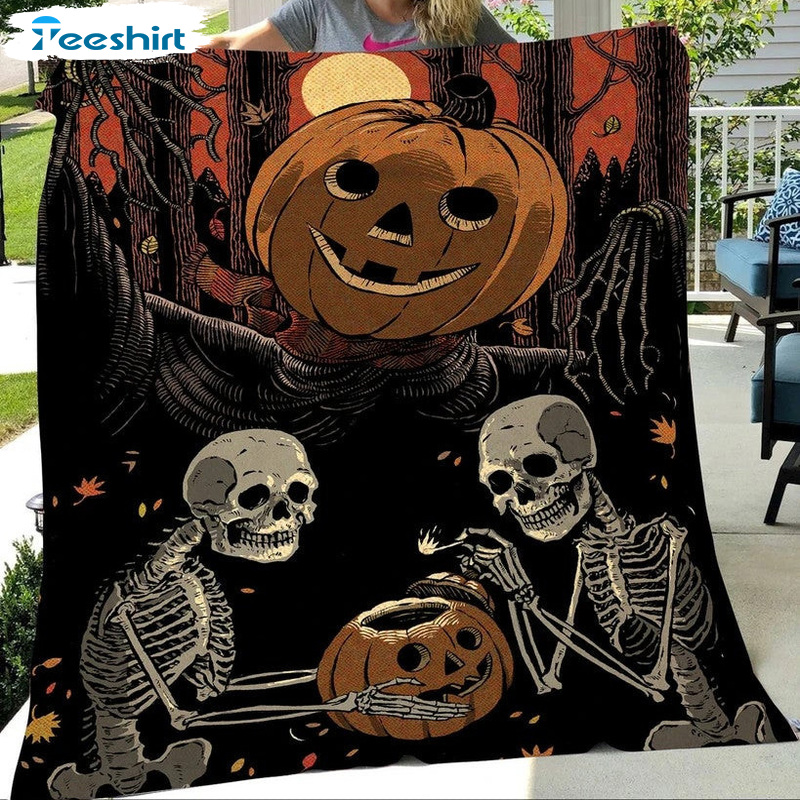 Couple Skull Skeleton With Pumpkins Blanket, Halloween Pumpkin Face Blanket Throw Comfort Warmth Soft Cozy 60"x80"