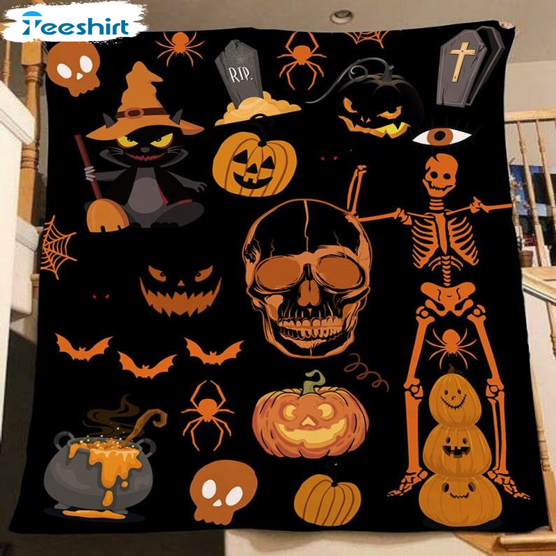 Pumpkin Spooky Skull Blanket, Funny Skeleton Halloween Black Orange Throw Blanket For Couch Bed Sofa Decoration