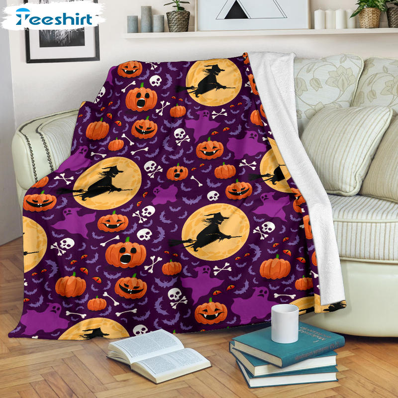 Cute Witch And Pumpkin Blanket, Halloween Skull Bat Microfiber Plush Blanket Gifts For Men Women