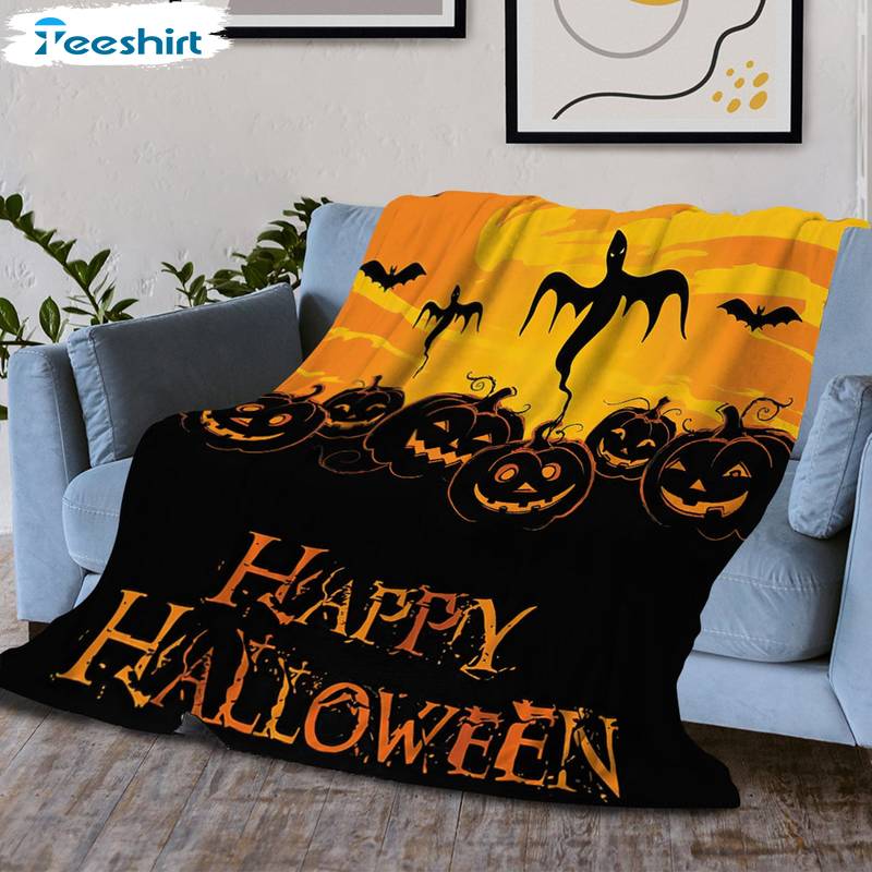 Pumpkin Ghost Bat Blanket, Happy Halloween Cozy Sherpa Plush Blanket For Bed Couch Sofa