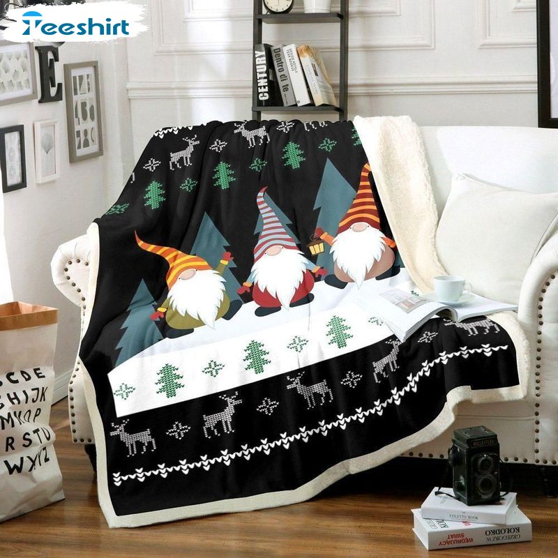 Cute Gnomes And Christmas Trees Blanket, Reindeer Pattern Blanket For Boys &Girls Gift Ideas