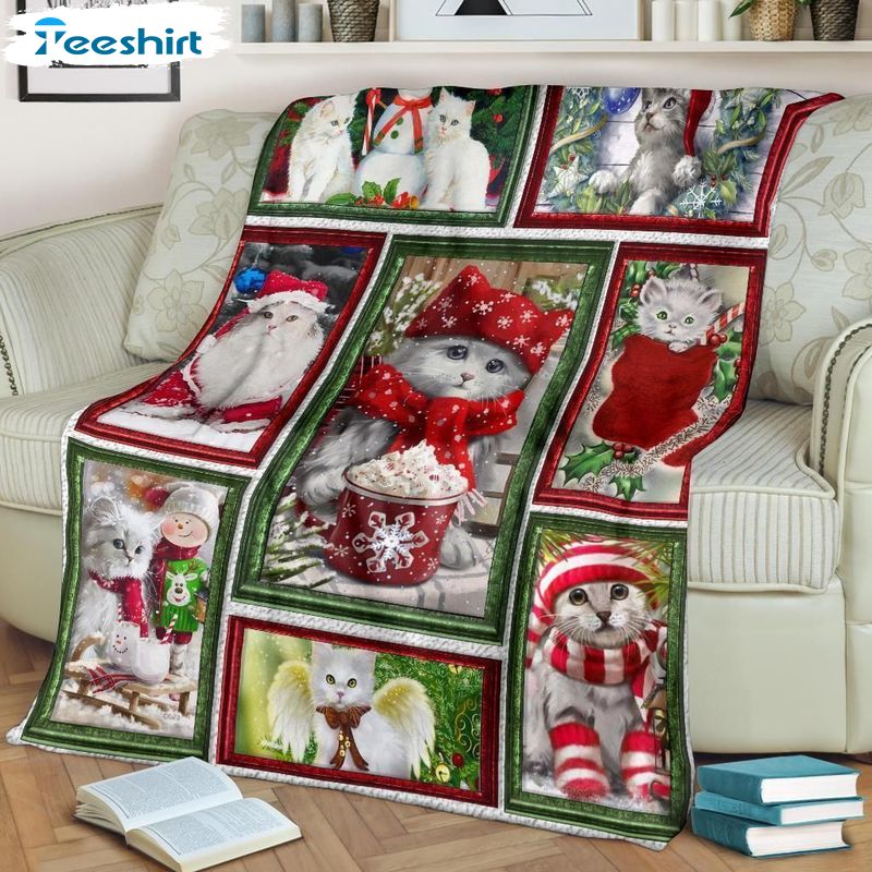 Cute Christmas Cat Blanket, Beautiful Christmas Cat Warm Cozy Fuzzy Throw Blanket For Bed And Couch