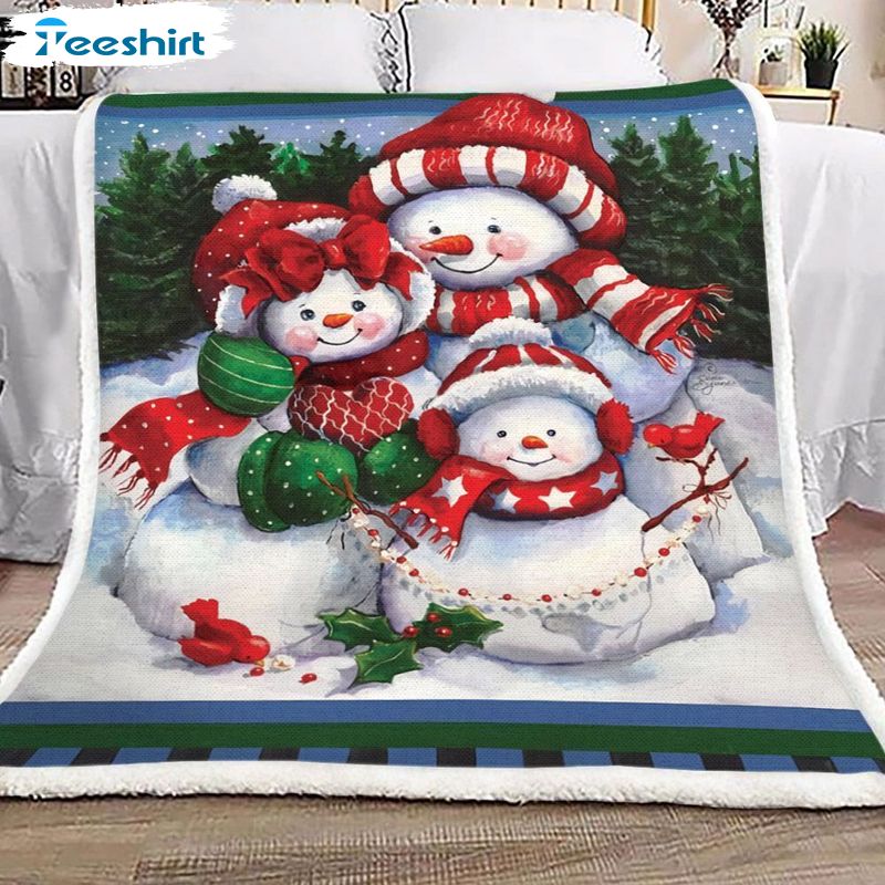 Snowman Family In The Pine Forest Blanket, Christmas Vintage Design Throw Blanket For Couch Bed Sofa Decoration
