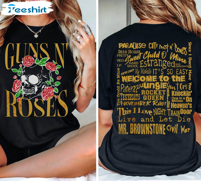 Guns N Classic Rock Concert Shirt, Skull Roses Long Sleeve Short Sleeve