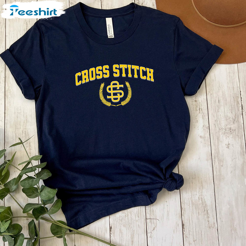 Varsity Cross Stitch Shirt, Trendy Unisex T-shirt Tee Tops