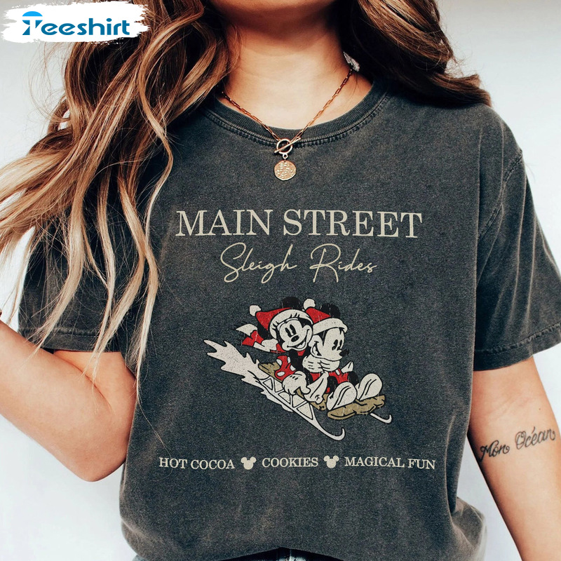 Christmas Disney Tee Tops, Main Street Sleigh Rides Unisex T-shirt, Couple Mickey Vintage Sweatshirt