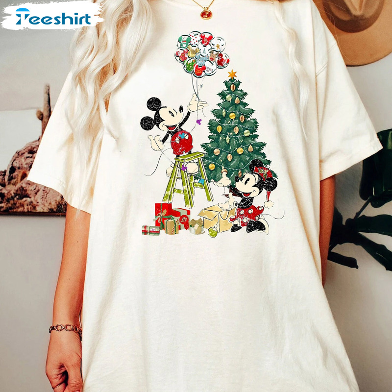 Mickey Minnie Amp Christmas Tree Shirt, Disney Christmas Comfort Sweatshirt, Tee Tops Vintage Design For Teens